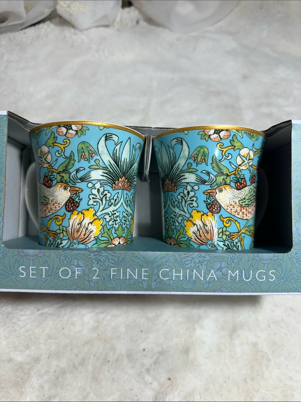 William Morris strawberry thief set of 2 fine china mugs